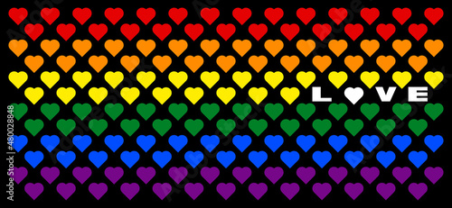 Rainbow color seamless heart shape background pattern. Homosexual valentine day concept. Gay and LGBTQIA pride flag. Design texture for fabric, banner, poster, backdrop, wall. Vector illustration.