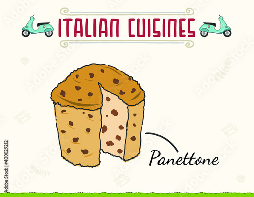 Traditional panettone with nuts, baked and sliced flat vector illustration isolated. Minimal colored isolated vector illustration.