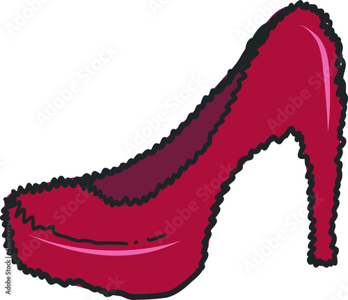 Modern colorful flat doodle stylized Italian red shoe, cute illustration. Doodle landmarks concept, traditional object of Italy. Milano shopping theme, red shoe, heel slipper.