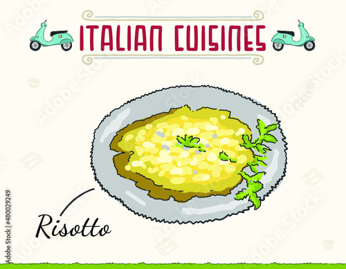 Risotto isolated on a white background. Sketch Italian dishes. Vector illustration in sketch doodled style. Minimal colored isolated vector illustration.