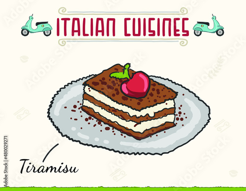 Tiramisu cake Italian Dessert. Vector illustration. Italian Tiramisu Cake Layered with Cherry, Whipped Cream and Mascarpone Cheese Vector Illustration.