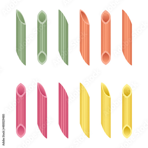 Vector set of multicolored penne rigate pasta isolated on white background. Separate design elements.