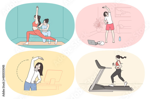 Sport at work and gym concept. Set of young women making exercises stretching jogging and practicing yoga workouts in office at home and in gym vector illustration 