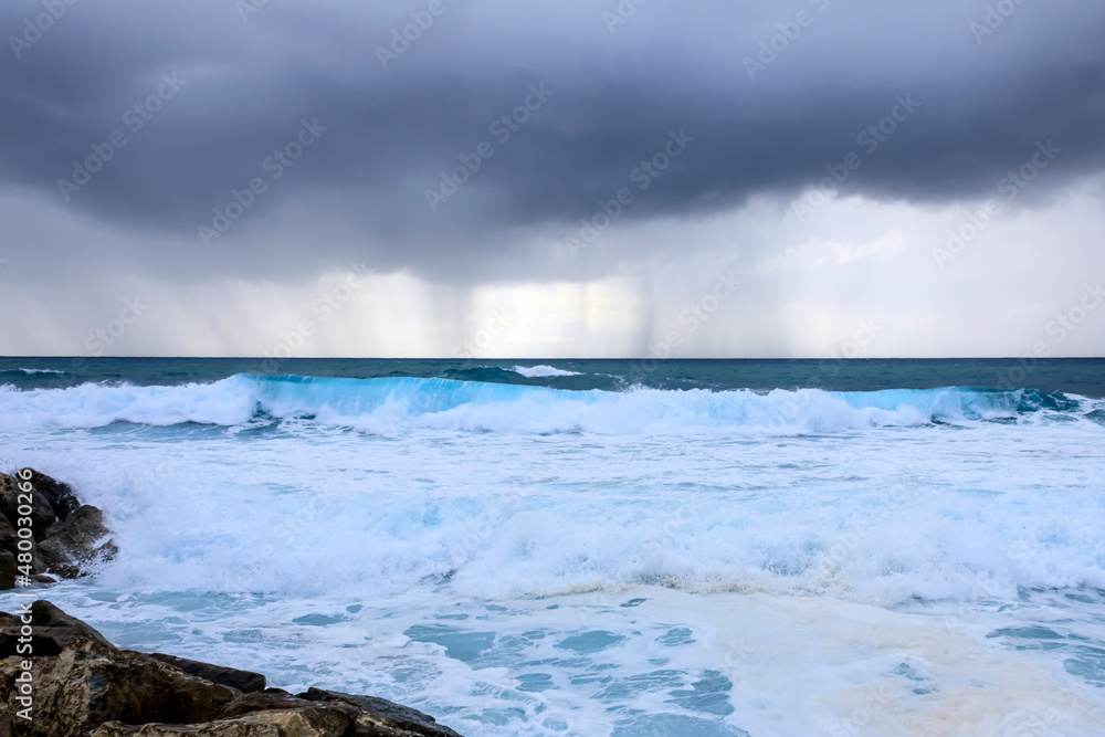 Stormy sea with foamy waves 