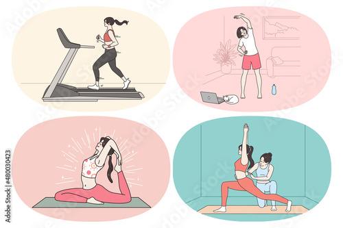 Sporty lifestyle of modern woman concept. Set of young women making exercises stretching jogging and practicing yoga workouts in office at home and in gym vector illustration 