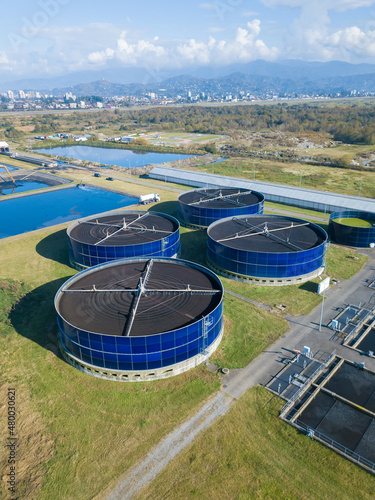 Fotografie Drone view of sewage treatment plants, filtration of dirty or waste water