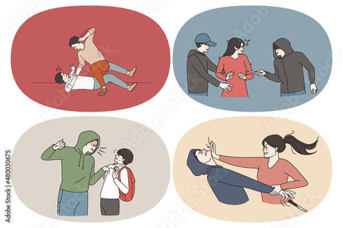 Self defence and criminals concept. Set of people criminals thieves robbers attacking people and victims trying to self defend during attack vector illustration 