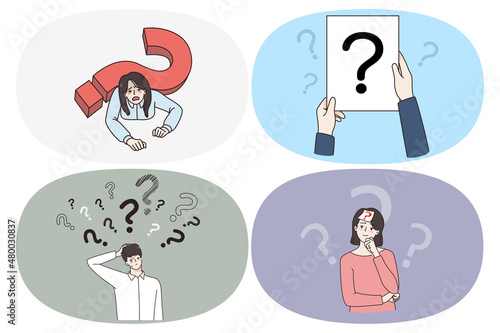 Thinking doubt and feeling frustrated concept. Set of young people with question mark around feeling doubt trying to find best decision need help or great idea for business vector illustration 