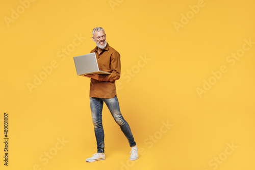 Full size body length fun businesslike elderly gray-haired bearded man 40s years old wears brown shirt go move hold use work on laptop pc computer isolated on plain yellow background studio portrait. © ViDi Studio