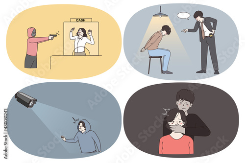 Comitting crimes and robbery concept. Set of people criminals thieves robbers attacking people and bank cash covering mouth and listening for policeman in prison vector illustration 