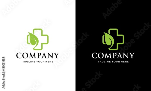 Medical Plus Leaf Healthy Care Creative Logo template. vector logo. Medical icons. on a black and white background.