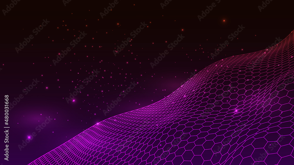 Hexagonal grid background with pink and blue glows. Geometric pattern. VHS effect. Design for banner.
Hexagonal grid background with pink and blue glows. Geometric pattern. VHS effect. Design for banner.