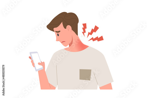 Young man has a neck pain because of using smartphone with wrong posture. Bad posture is ruin spine and neck muscle. Cause of  health problem. Unhealthy lifestyle. Flat vector illustration character.