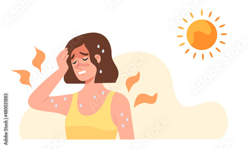 Young woman at outdoor with hot  sun light has a risk to have Heat stroke. Symptoms such as high body temperature, sweat, perspire, headache, red skin, dehydration. Flat vector illustration character.