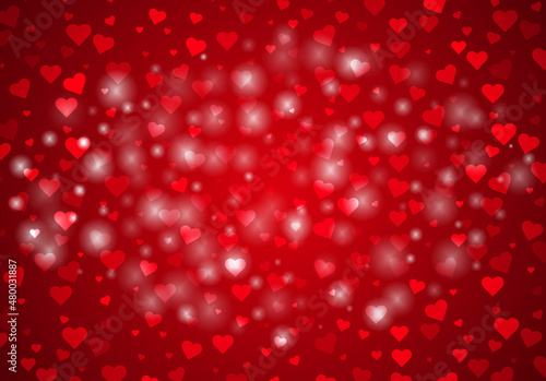 Bright red vector background for Valentine's Day or wedding with hearts and highlights.Abstract holiday backdrop.Greeting Card. Vector illustration