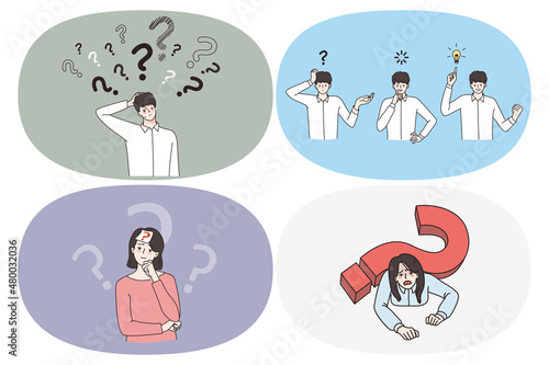 Frustration doubt and thinking concept. Set of young people with question mark around feeling doubt trying to find best decision need help or great idea for business vector illustration 