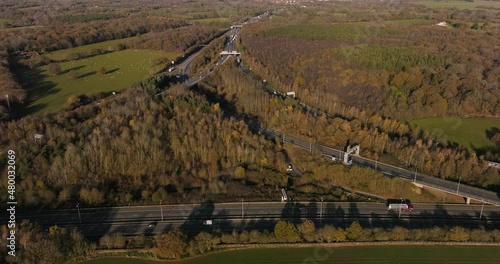 Motorway Junction UK, M42, M40, Birmingham, Slow Motion, Tracking Shot, Aerial Shot photo
