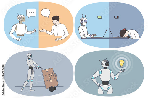 Business with Artificial intelligence concept. Set of robots working as humans waiting for interview with humans working in office full of energy holding light bulb having great idea 