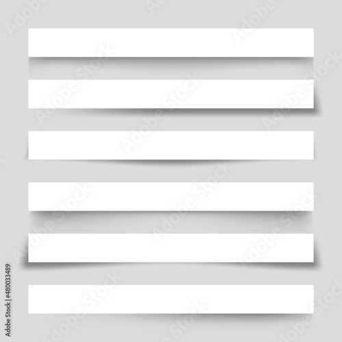 Set of white blank paper scraps with shadows. Page dividers on gray background. Realistic transparent shadow effect. Element for design. Vector illustration.