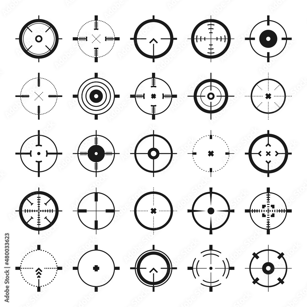 Crosshair, gun sight vector icons. Bullseye, black target or aim symbol. Military rifle scope, shooting mark sign. Targeting, aiming for a shot. Archery, hunting and sports shooting. Game UI element. Crosshair, gun sight vector icons. Bullseye, black target or aim symbol. Military rifle scope, shooting mark sign. Targeting, aiming for a shot. Archery, hunting and sports shooting. Game UI element.