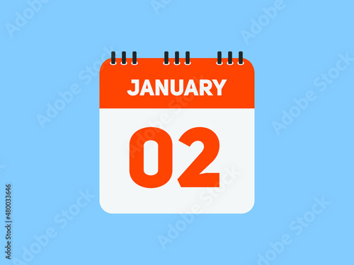 January 02 text calendar reminder. 2nd January daily calendar icon template