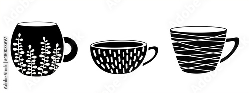 Set of cups for coffee, tea. Monochrome vector flat illustration Cute trendy crockery with handle for drink. 