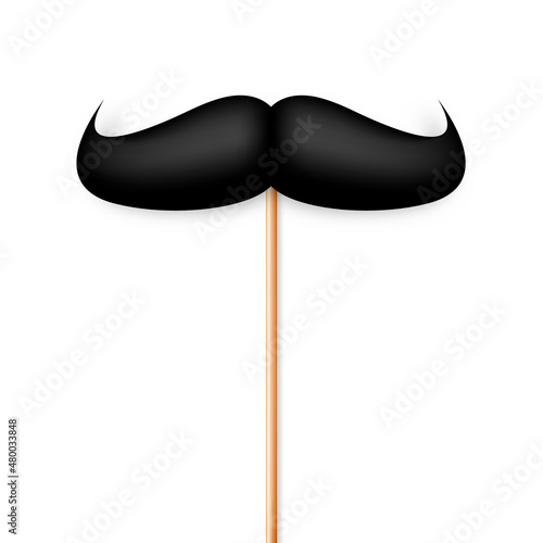 Realistic black mustache on a wooden stick. Fake paper mustache isolated on white background. Fashionable facial hair. Vintage design element. Creative vector illustration.