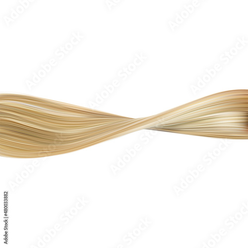Women's beautiful blonde shiny hair. Rolled wavy curl. Background for text, vector 3d realistic image isolated on white background.