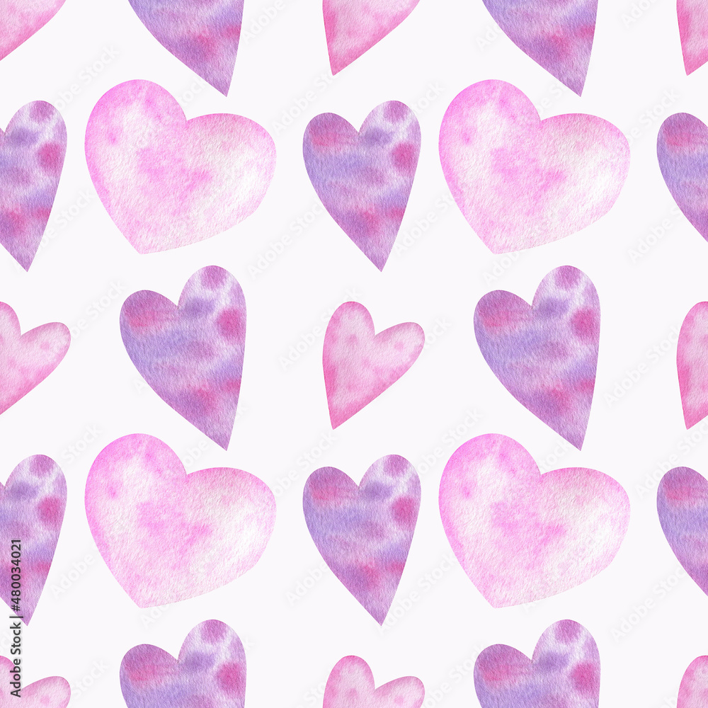 Pattern of watercolor hearts on a white background. Isolated symbols. Gift wrapping paper for loved ones. Delicate pattern.