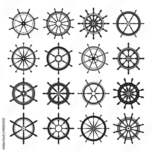 Collection of vintage steering wheels. Ship, yacht retro wheel symbol. Nautical rudder icon. Marine design element. Vector illustration