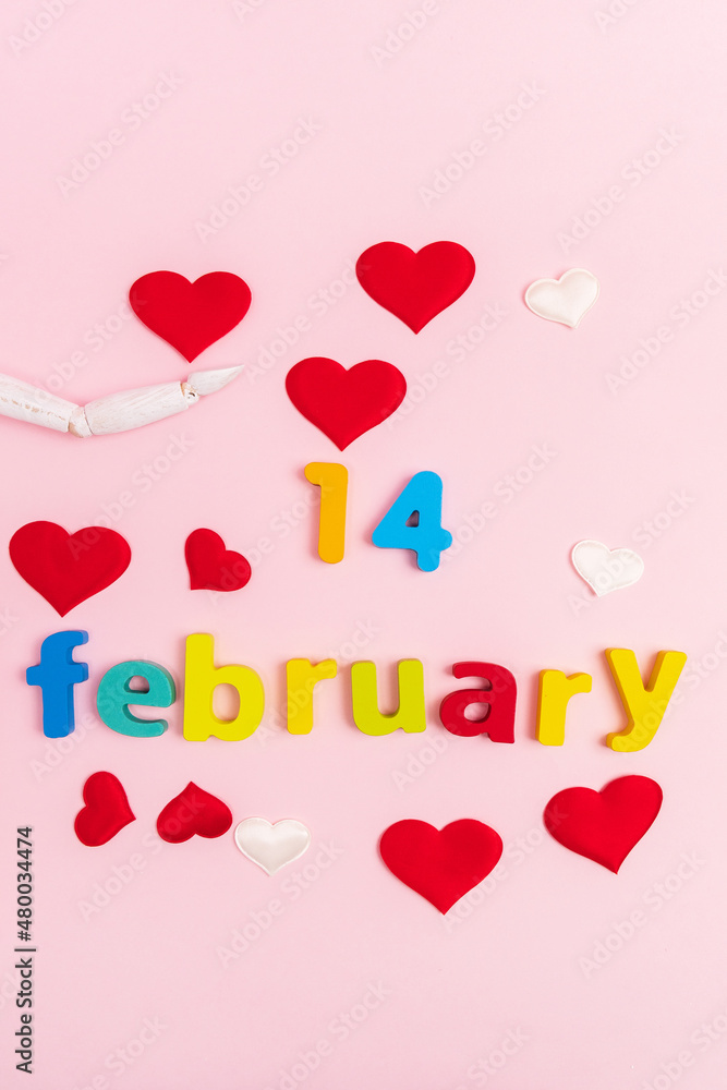 Valentines Day 14 february gift selection pink background, hearts top view. Vertical photo