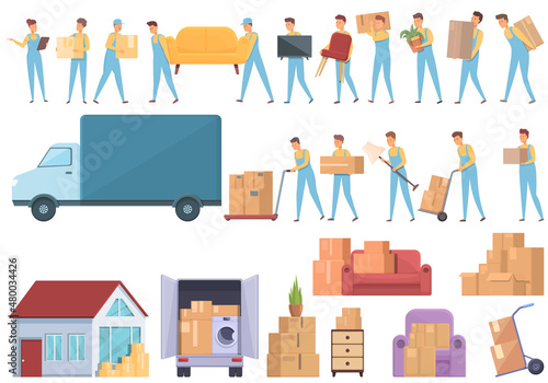 Moving house services icons set cartoon vector. Storehouse box. Cargo warehouse