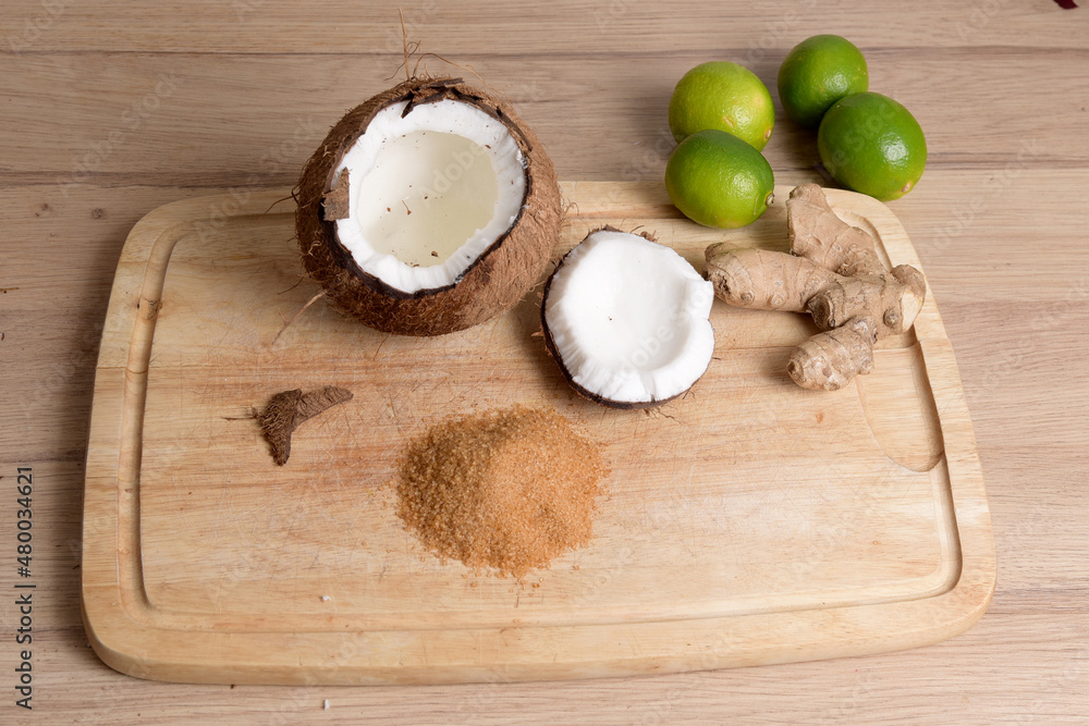 Cooking ingredients Coconut, Lime Root ginger, and Brown sugar