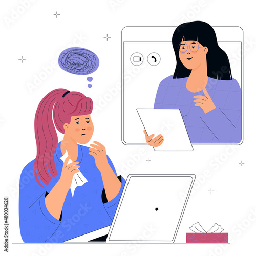 Psychologist online. Sad woman is at a remote appointment with a psychotherapist by video call using laptop. eTherapy. Psychotherapeutic, psychiatric aid. Telemedicine concept.