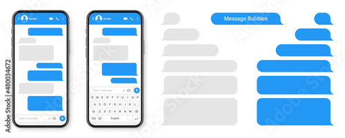 Realistic smartphone with messaging app. Blank SMS text frame. Conversation chat screen with blue message bubbles. Social media application. Vector illustration.