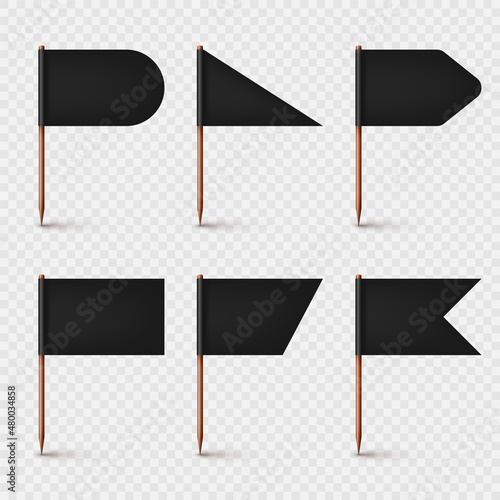 Realistic various toothpick flags. Wooden toothpicks with black paper flag. Location mark, map pointer. Blank mockup for advertising and promotions. Vector illustration