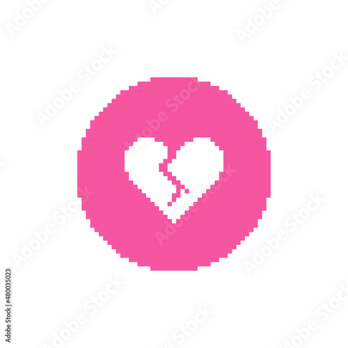 colorful simple vector pixel art round icon in pink color with white cracked heart inside