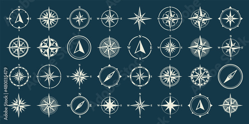 Vintage marine wind rose, nautical chart. Monochrome navigational compass with cardinal directions of North, East, South, West. Geographical position, cartography and navigation. Vector illustration.