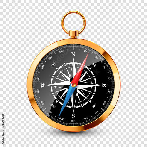 Realistic golden vintage compass with marine wind rose and cardinal directions of North, East, South, West. Shiny metal navigational compass. Cartography and navigation. Vector illustration.