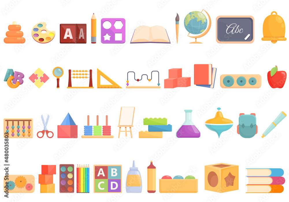 Early educations icons set cartoon vector. Children learn. Read school Early educations icons set cartoon vector. Children learn. Read school