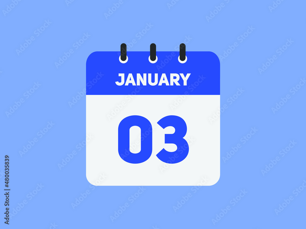 January 03 text calendar reminder. 3rd January daily calendar icon vector. January 03 text calendar reminder. 3rd January daily calendar icon vector.