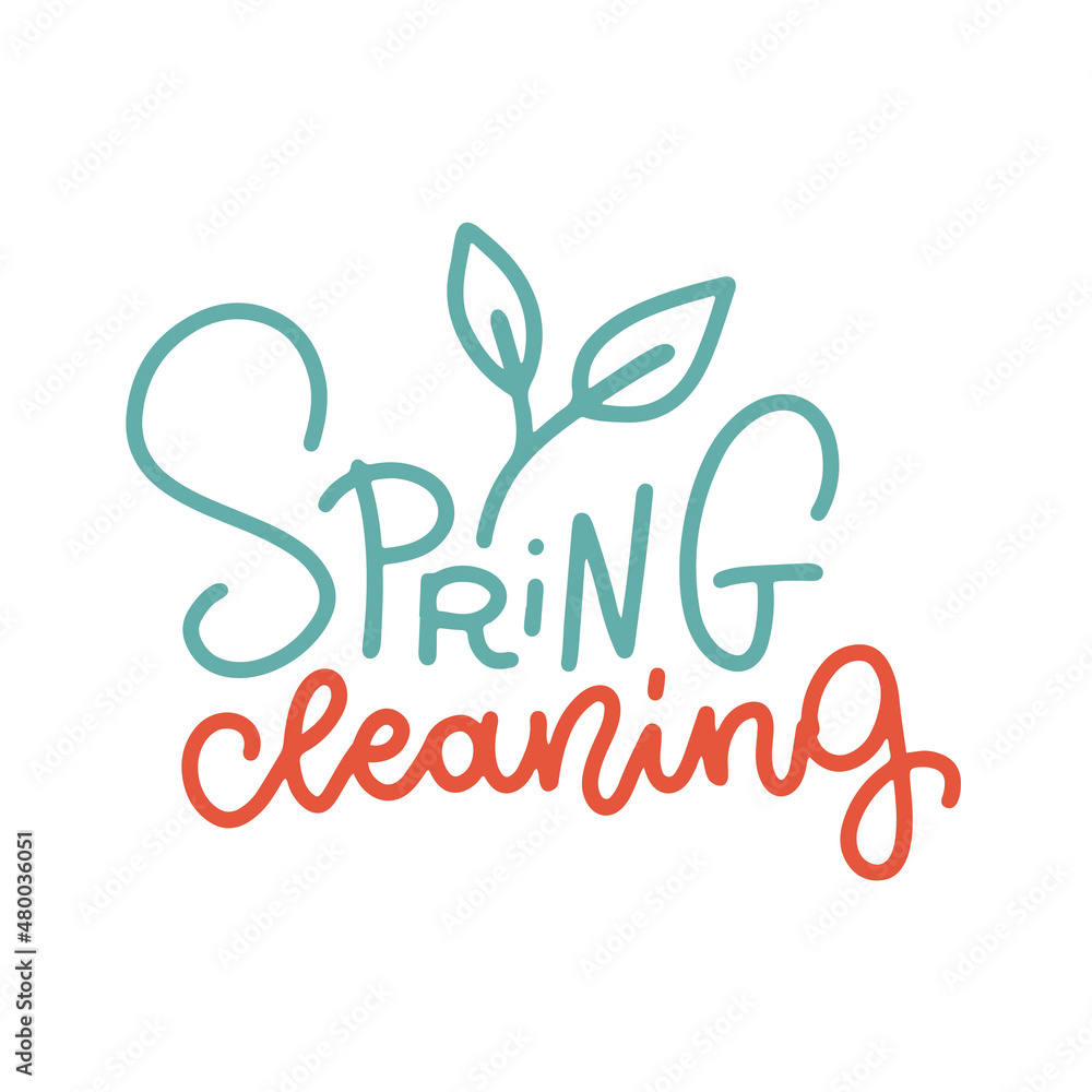 Obraz premium Linear lettering of Spring cleaning with leaf. Concept for cleaning service, house work, domestic life. Design for poster, banner, blog, flyer, sticker, ad, promotion. Hand drawn vector design.