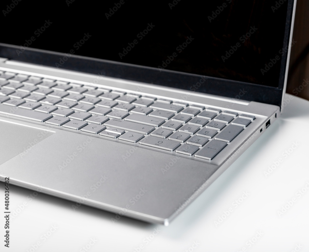 Laptop keyboard and screen closeup. Silver keypad details. Laptop keyboard and screen closeup. Silver keypad details.