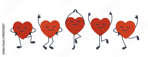 Heart characters for Valentine's Day. Jumping and dancing hearts on a white background. Flat vector illustration