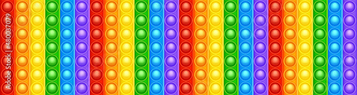 Colorful silicone anti-stress pop it toy texture, pattern. Trendy sensory game for children. Rainbow push pop fidget toy with brightly colored popping bubbles. Vector illustration
