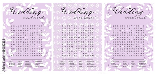 Set wedding word search puzzle on a lilac background.Bridal shower crossword, trivia, activity card. Engagement, bachelorette party printable.  Find hidden words about love and marriage. Provence. 