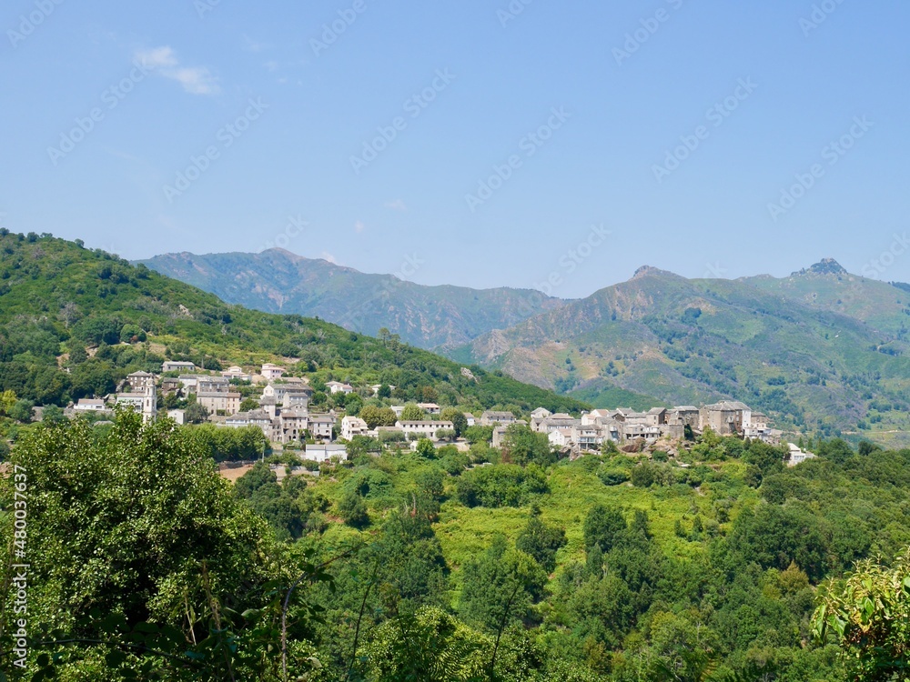 Panoramic view of Pietra di Verde, a dreamy mountain village nestled in the mountains of Castagniccia. Corsica, France.