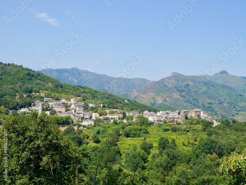 Panoramic view of Pietra di Verde, a dreamy mountain village nestled in the mountains of Castagniccia. Corsica, France. © Maleo Photography