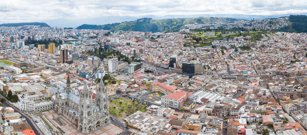 Drone aerial view of Basilica del Voto Nacional in the old town of Quito, Ecuador	