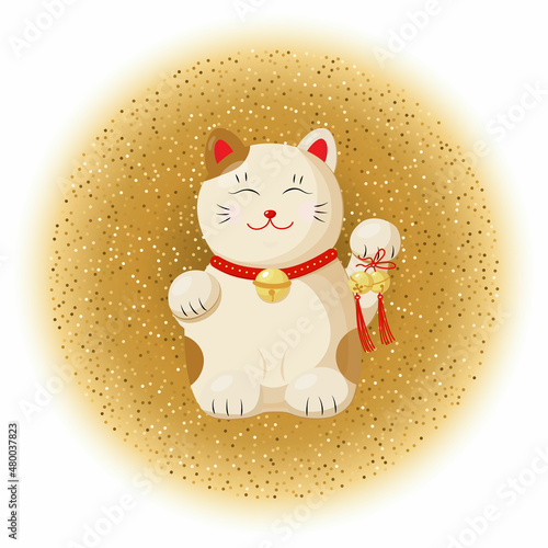 Maneki gold cartoon flat, great design for any purposes. Vector drawing. Golden background. Funny cat illustration.